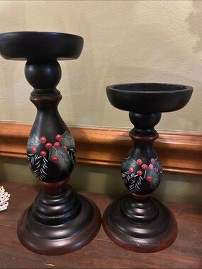 Black Decorative Holiday Candlestick Holders with Red Berry Detail—pair